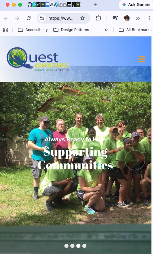 Quest Adventures website — Supporting Communities hero section