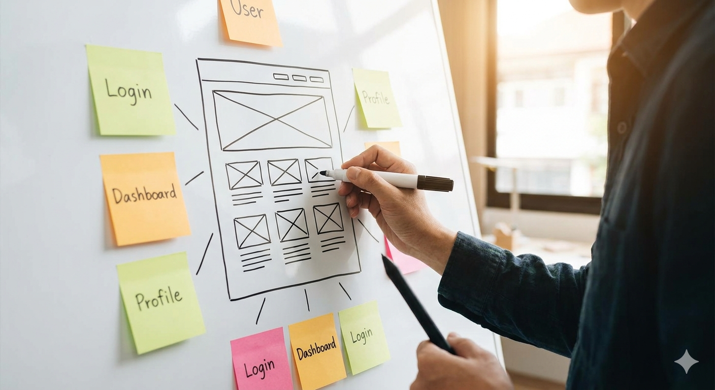 Website wireframe planning session on whiteboard